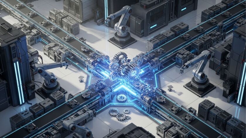 Visão aérea de uma linha de produção automatizada com braços robóticos e engrenagens centrais conectadas por feixes de luz azul, ilustrando a integração de sistemas na Indústria 4.0.