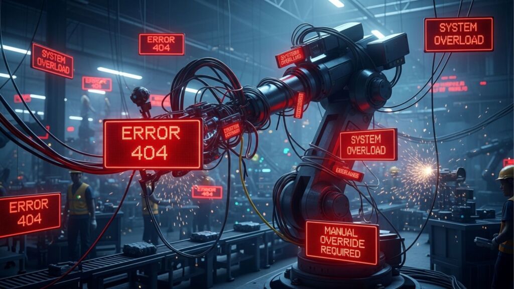 Braço robótico industrial em ambiente de fábrica com diversos alertas digitais vermelhos flutuantes exibindo "Error 404" e "System Overload", representando a identificação de falhas críticas.