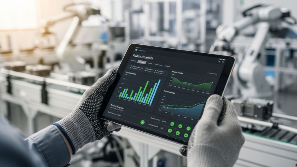 Operador de fábrica usando luvas de proteção segura um tablet com painel de indicadores (dashboards) de análise de falhas, exibindo gráficos de desempenho e status de manutenção preventiva.
