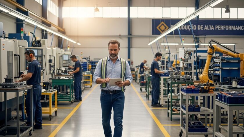 Supervisor de manutenção industrial da Indústria Forte preenchendo checklist de inspeção técnica em frente a maquinário pesado. Ao fundo, um mecânico trabalha no equipamento.