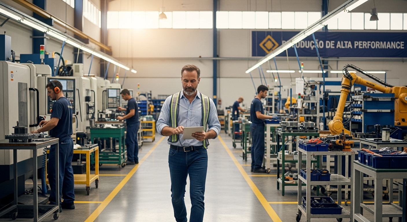 Supervisor de manutenção industrial da Indústria Forte preenchendo checklist de inspeção técnica em frente a maquinário pesado. Ao fundo, um mecânico trabalha no equipamento.