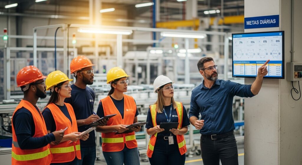 Gestor de produção orientando equipe de operários em frente a um monitor de "Metas Diárias" em ambiente fabril. Grupo utiliza equipamentos de proteção individual (EPIs).