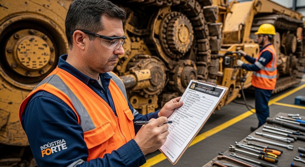 Supervisor utiliza tablet para monitorar linha de montagem industrial com braços robóticos e operários. Ao fundo, banner com a frase "Produção de Alta Performance".