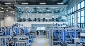 Vista ampla de uma fábrica inteligente com braços robóticos automatizados e um centro de controle superior envidraçado exibindo painéis digitais de monitoramento de dados em tempo real.