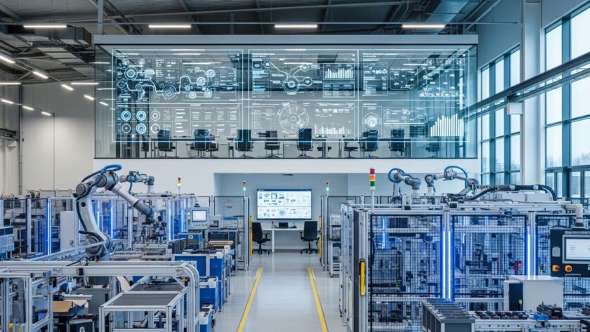 Vista ampla de uma fábrica inteligente com braços robóticos automatizados e um centro de controle superior envidraçado exibindo painéis digitais de monitoramento de dados em tempo real.