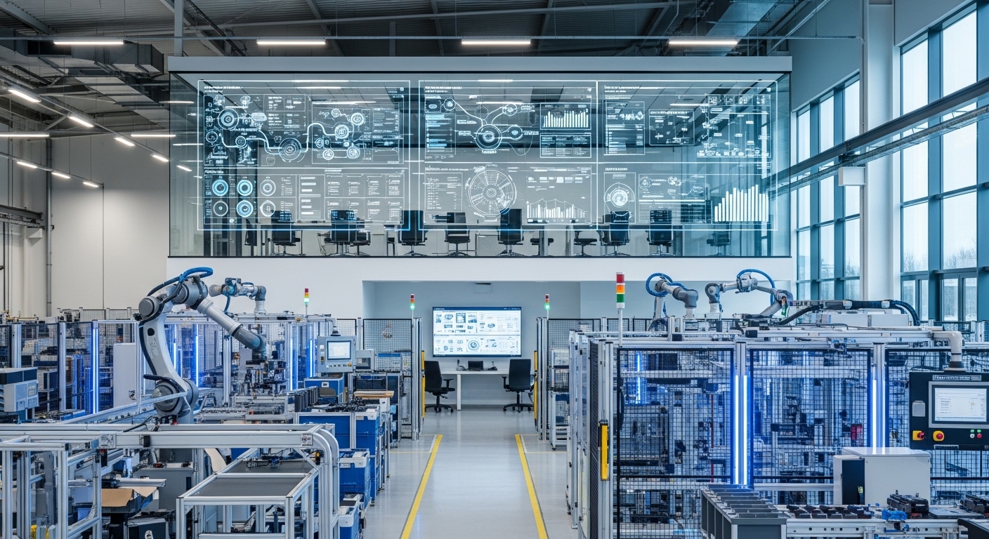 Vista ampla de uma fábrica inteligente com braços robóticos automatizados e um centro de controle superior envidraçado exibindo painéis digitais de monitoramento de dados em tempo real.