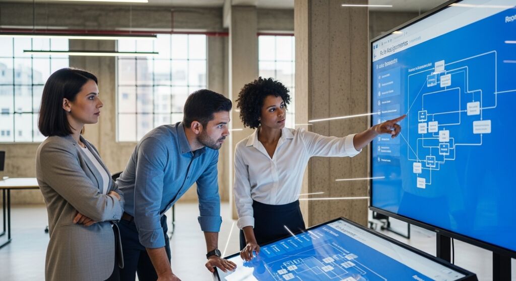 Três profissionais de tecnologia em um escritório moderno analisando fluxogramas de processos e arquitetura de dados em uma grande tela interativa durante reunião de governança.
