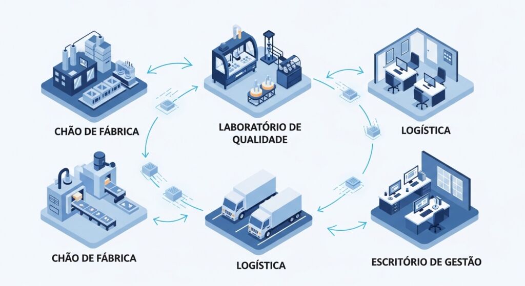 Infográfico isométrico mostrando o fluxo de integração de dados entre diferentes setores: chão de fábrica, laboratório de qualidade, logística e escritório de gestão.