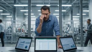 Gestor de produção expressando fadiga e estresse ao olhar para três notebooks abertos com diferentes planilhas e gráficos estatísticos. Ele esfrega os olhos em sinal de cansaço, posicionado em frente a um laboratório industrial moderno com braços robóticos.