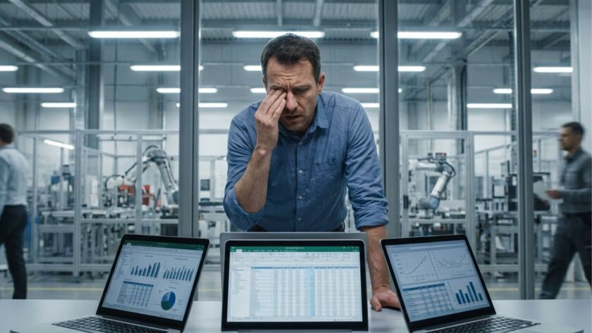 Gestor de produção expressando fadiga e estresse ao olhar para três notebooks abertos com diferentes planilhas e gráficos estatísticos. Ele esfrega os olhos em sinal de cansaço, posicionado em frente a um laboratório industrial moderno com braços robóticos.
