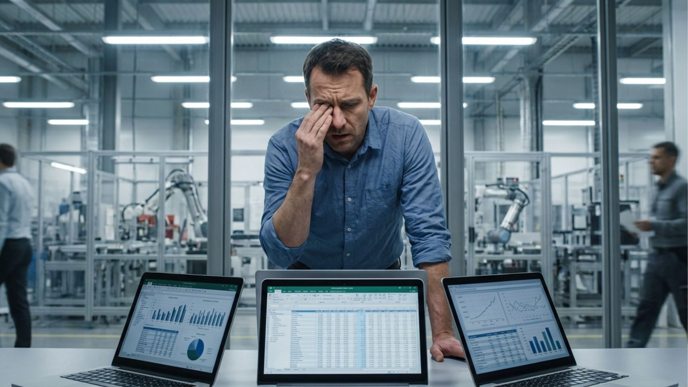 Gestor de produção expressando fadiga e estresse ao olhar para três notebooks abertos com diferentes planilhas e gráficos estatísticos. Ele esfrega os olhos em sinal de cansaço, posicionado em frente a um laboratório industrial moderno com braços robóticos.