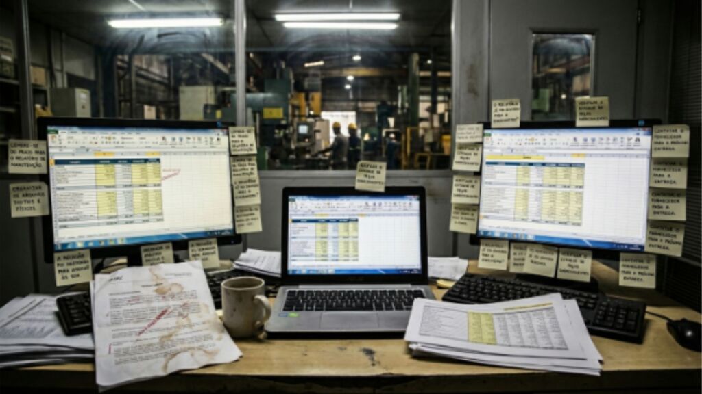 Mesa de trabalho desorganizada em um ambiente industrial, mostrando três monitores com planilhas de Excel complexas cobertos por dezenas de post-its de lembretes. Há papéis espalhados com manchas de café e uma visão da fábrica ao fundo, ilustrando a sobrecarga de processos manuais.