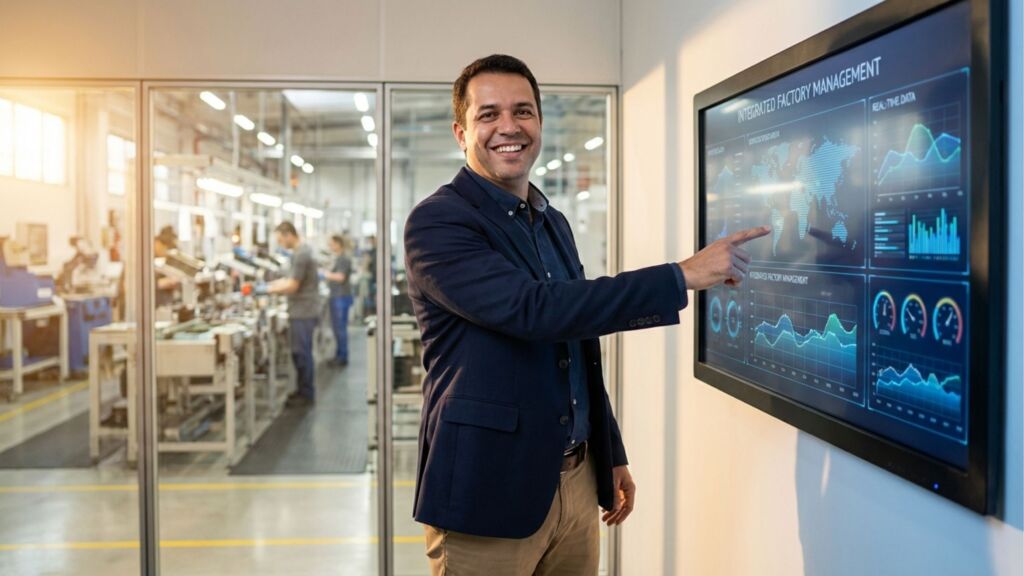 Executivo sorridente em pé em uma sala de controle de fábrica, apontando para um painel digital de "Integrated Factory Management" que exibe mapas globais, gráficos de desempenho e indicadores de dados em tempo real. Ao fundo, a linha de produção é visível através de uma divisória de vidro.