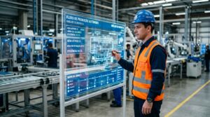 Operador de fábrica usando colete refletivo e capacete azul interage com um painel digital transparente exibindo o fluxo de produção autônomo e análise de rotas de IA em um ambiente de manufatura avançada (Indústria 4.0).