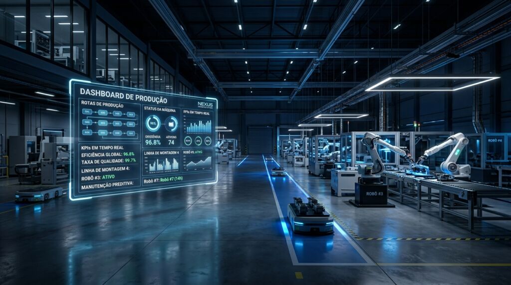 Vista interna de uma fábrica inteligente iluminada por luzes LED azuis, apresentando braços robóticos em operação e um dashboard flutuante com KPIs de produção, eficiência global e manutenção preditiva.