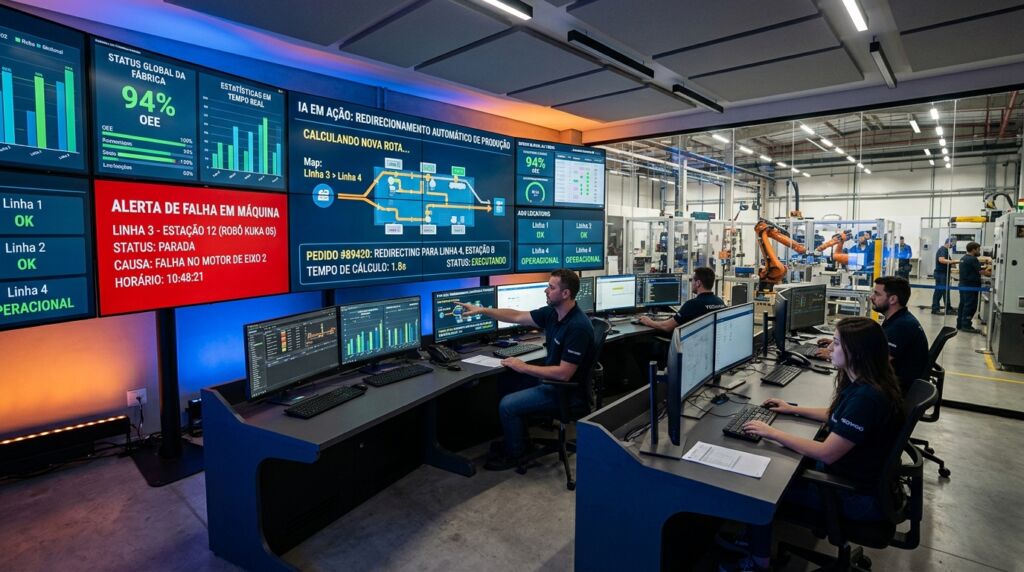 Profissionais em uma sala de monitoramento industrial analisando grandes telas de LED que exibem alertas de falha em máquinas, status global da fábrica e o redirecionamento automático de produção realizado por uma IA Agêntica.