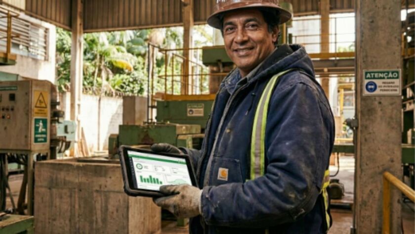 Close de um técnico de manutenção segurando um tablet industrial que exibe um gráfico de predição de temperatura de máquina com alerta de tendência alta em um ambiente de fábrica.