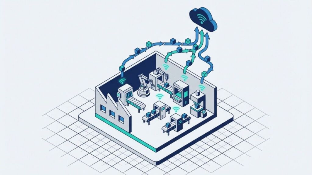Ilustração isométrica de uma fábrica inteligente com máquinas conectadas via sensores Wi-Fi enviando dados para uma nuvem digital, representando o conceito de Manutenção 4.0.