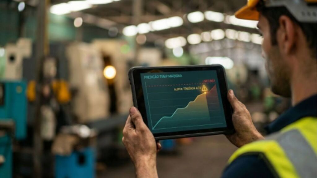 Profissional de manutenção em uma planta industrial sorrindo e segurando um tablet com dashboards de desempenho de ativos e indicadores de telemetria.