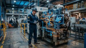 Técnico industrial utilizando óculos de Realidade Aumentada (AR) para visualização de dados técnicos e hologramas 3D sobre maquinário em fábrica da Technovate Systems.