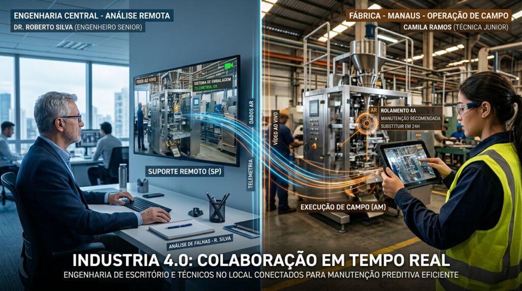 Colaboração em tempo real na Indústria 4.0 entre engenheiro sênior em escritório remoto e técnica de campo com tablet em fábrica de Manaus para manutenção preditiva.