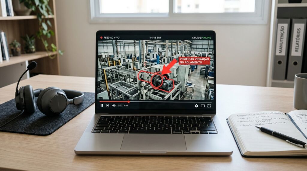 Notebook exibindo feed ao vivo de diagnóstico remoto de maquinário industrial com alerta de Realidade Aumentada indicando vibração no rolamento.