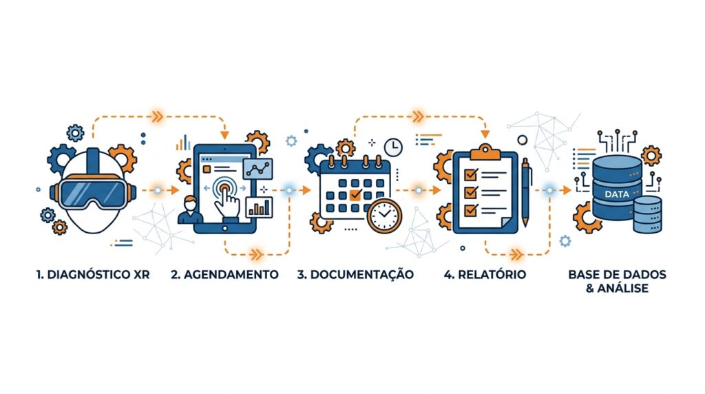 Infográfico do fluxo de trabalho em Realidade Estendida (XR) com as etapas: Diagnóstico, Agendamento, Documentação, Relatório e Base de Dados.