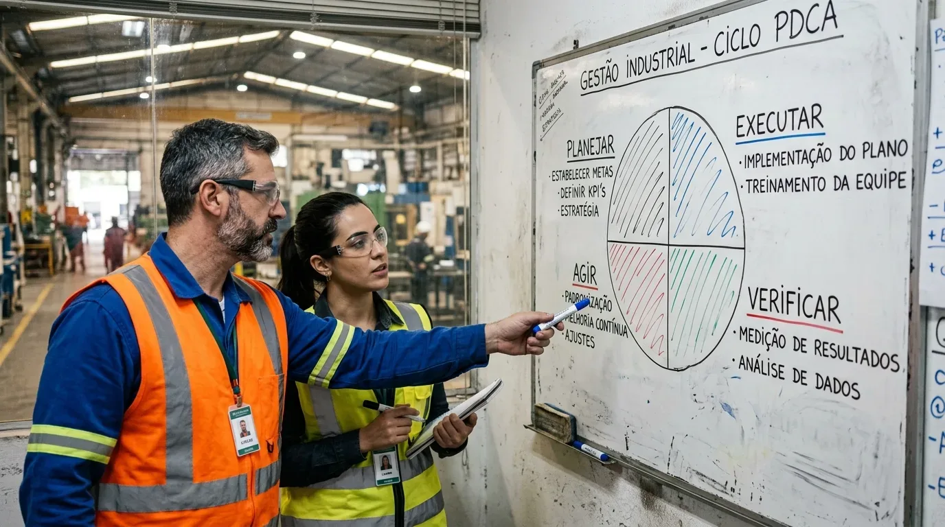 Foto em plano médio de dois profissionais em um escritório técnico debatendo estratégias diante de um quadro branco. À esquerda, um homem de cabelos grisalhos, barba e óculos de proteção veste uma camisa azul sob um colete refletivo laranja com crachá; ele usa um pincel atômico azul para apontar para o quadro. Ao seu lado, uma jovem de óculos e colete refletivo amarelo segura um caderno e uma caneta, observando a explicação. O quadro branco traz o título "GESTÃO INDUSTRIAL - CICLO PDCA" e exibe um grande gráfico circular dividido em quatro quadrantes desenhados à mão: "PLANEJAR" (focado em metas, KPIs e estratégia), "EXECUTAR" (implementação e treinamento), "VERIFICAR" (medição de resultados e análise de dados) e "AGIR" (padronização, melhoria contínua e ajustes). Uma divisória de vidro ao fundo revela o chão de fábrica com maquinários.
