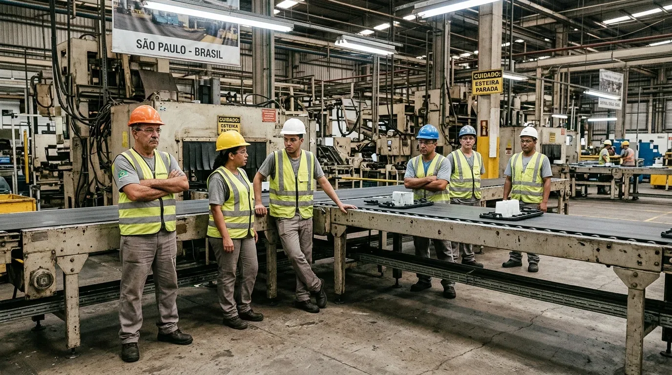 Foto que ilustra o impacto financeiro e humano do tempo de inatividade em uma fábrica. Um grupo de seis operários vestindo calças cinzas, coletes refletivos amarelos e capacetes de proteção de cores variadas (laranja, amarelo, branco e azul) está parado e ocioso ao longo de uma longa esteira transportadora de metal que se encontra completamente parada e vazia. Os trabalhadores exibem expressões sérias e desanimadas, alguns com os braços cruzados e outros apoiados na estrutura da esteira. Ao fundo, vê-se a infraestrutura do galpão industrial com um banner que diz "SÃO PAULO - BRASIL" e uma placa de sinalização amarela fixada em um pilar com o aviso "CUIDADO: ESTEIRA PARADA".