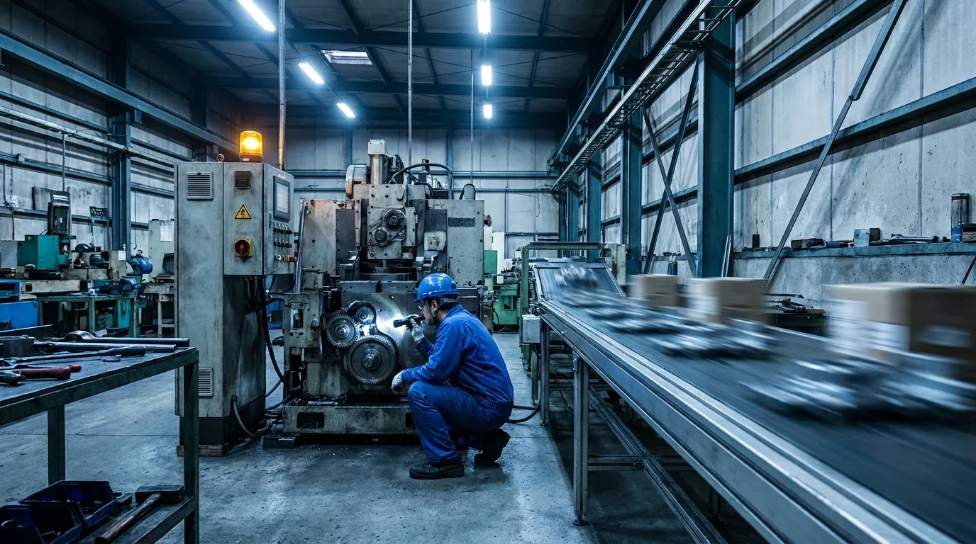 Foto em plano aberto e tons industriais frios de um operário em um galpão fabril, vestindo macacão azul-escuro, luvas e capacete azul de proteção. Ele aparece agachado de perfil ao lado de uma grande máquina cinza, apontando uma lanterna acesa para um mecanismo interno de engrenagens para realizar uma verificação ou manutenção. No topo do equipamento, uma luz giratória de emergência na cor âmbar está ligada. À direita do operário, uma esteira rolante em movimento rápido transporta caixas de papelão pardas que aparecem com desfoque de movimento. À esquerda, há uma bancada de metal com ferramentas pesadas de oficina.