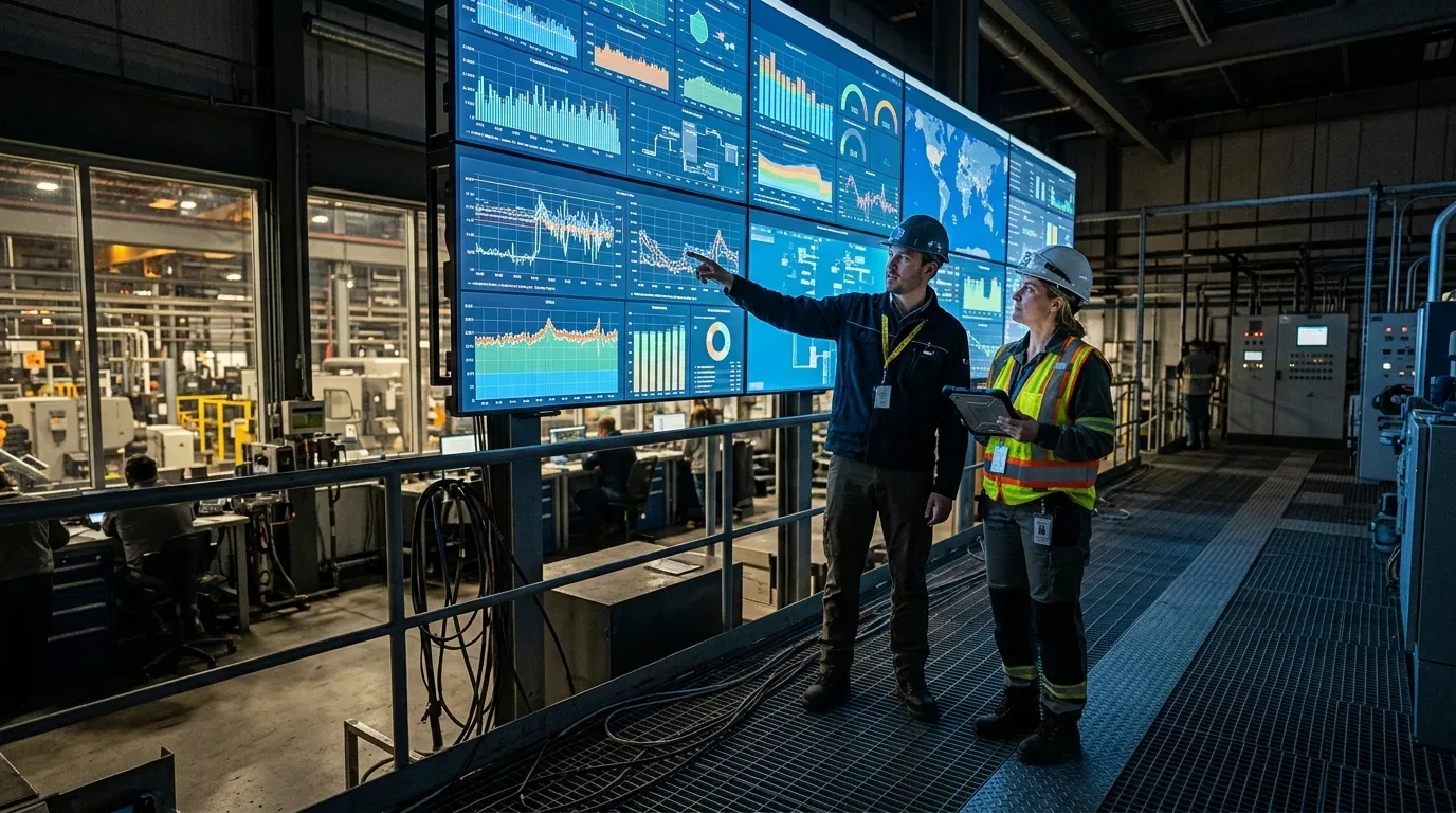 Foto em plano aberto de dois supervisores ou engenheiros industriais em uma moderna sala de controle de alta tecnologia. À esquerda, um homem de capacete cinza e jaqueta escura aponta com o dedo indicador para uma enorme parede de telas (video wall) integrada, repleta de dashboards coloridos, gráficos lineares de desempenho e mapas globais de telemetria. À direita, uma mulher vestindo capacete branco, óculos de proteção e colete de alta visibilidade laranja e amarelo observa os dados atentamente enquanto segura um tablet robusto. Eles estão posicionados sobre uma plataforma de grade metálica suspensa com corrimão e, ao fundo, através de grandes vidraças, é possível ver o chão de fábrica com outros operadores.