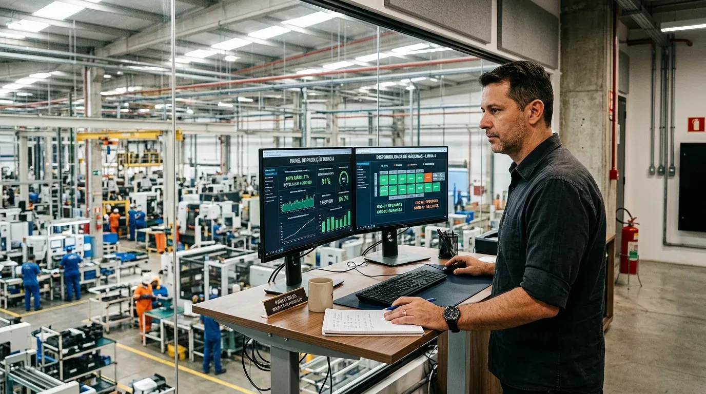Foto em plano médio e de perfil de um homem de cabelos escuros trabalhando em pé diante de uma mesa alta (standing desk) em uma sala de controle. Uma placa de metal na mesa o identifica como "Paulo Silva - Gerente de Produção". Ele está com uma das mãos no mouse e a outra apoiada perto de um caderno de anotações e de uma caneca. À sua frente, dois monitores exibem painéis digitais de gestão à vista: o esquerdo mostra o "PAINEL DE PRODUÇÃO TURNO A" com gráficos de linha e barras verdes; o direito exibe a "DISPONIBILIDADE DE MÁQUINAS - LINHA 4" em uma grade quadriculada majoritariamente verde com um bloco laranja. Uma enorme parede de vidro panorâmica atrás dos monitores revela o amplo chão de fábrica abaixo, com maquinários e operários trabalhando em uniformes azuis e laranjas.