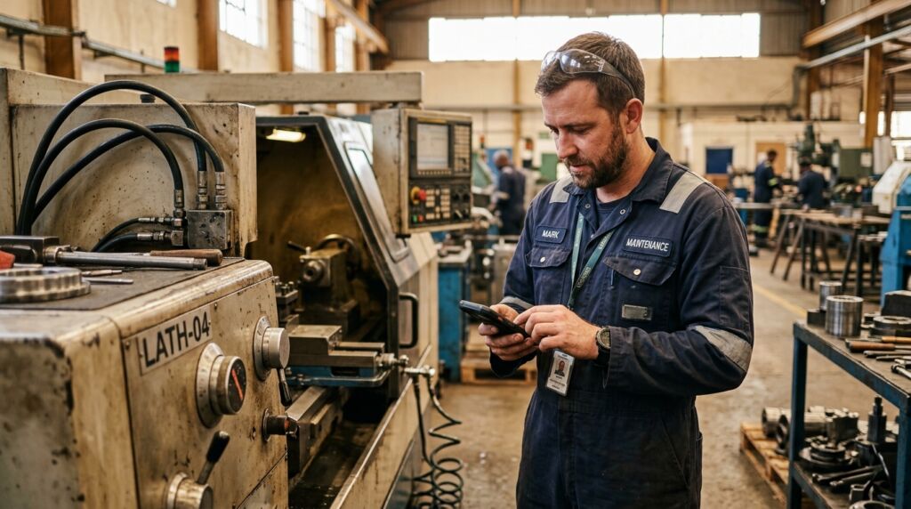 Foto em plano médio centralizada em um técnico mecânico no chão de fábrica. O homem tem barba curta, usa óculos de proteção sobre a testa e veste um macacão de trabalho azul-escuro com a etiqueta "MARK" no lado esquerdo do peito e "MAINTENANCE" no lado direito, além de um crachá de identificação pendurado no pescoço. Ele segura e olha atentamente para a tela de um smartphone robusto de proteção preta. À sua esquerda, há um maquinário industrial de metal desgastado com a inscrição "LATH-04" e diversos seletores manuais. O fundo mostra o restante da oficina mecânica com peças sobre bancadas e outros operários desfocados.