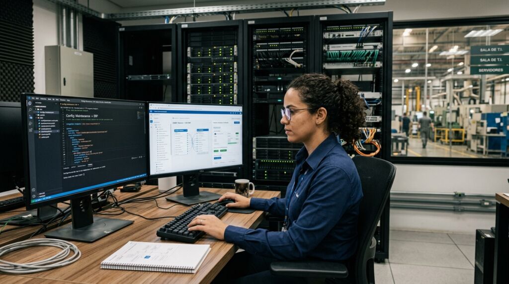 Foto de perfil de uma mulher trabalhando em um escritório de tecnologia da informação. Ela tem cabelos cacheados presos, usa óculos de grau e veste uma camisa social azul-escura. Sentada em uma cadeira ergonômica preta, ela digita em um teclado sobre uma mesa de madeira. À sua frente estão dois monitores grandes: o da esquerda exibe linhas de código de programação com fundo escuro, e o da direita mostra a interface de um software com diagramas de fluxo de dados. Atrás dela, há grandes armários de servidores (racks) repletos de cabos coloridos e luzes indicadoras verdes. À direita, uma janela de vidro com as placas "SALA DE T.I." e "SERVIDORES" mostra o pátio da fábrica ao fundo.