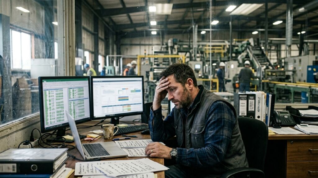 Foto de um homem com expressão de cansaço ou estresse em um escritório de supervisão industrial. Ele tem barba, usa uma camisa xadrez sob um colete cinza e está com a mão direita na testa, olhando para baixo com os olhos semicerrados. Ele está sentado em uma mesa de madeira repleta de folhas de papel com anotações, um notebook, uma caneca e um telefone fixo. À sua frente, dois monitores grandes exibem planilhas com dados e gráficos em tempo real. A mesa fica ao lado de uma grande vidraça que dá visão completa para o chão de fábrica amplo, onde operários com capacetes brancos trabalham entre os maquinários ao fundo.