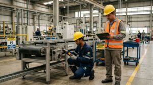Foto de dois técnicos realizando a inspeção de uma esteira transportadora industrial. O trabalhador da esquerda está agachado, veste macacão azul-escuro, capacete amarelo, óculos e luvas de proteção; ele utiliza um equipamento de medição portátil com fios conectados ao motor da esteira, que possui uma placa identificadora escrita "LINHA 3". O trabalhador da direita está de pé ao lado dele, usa calça cinza, camisa cinza sob um colete refletivo laranja, capacete amarelo e opera um tablet robusto cinza. Ao fundo, o ambiente industrial é amplo, com marcações amarelas de segurança no chão, placas de aviso ("CUIDADO ÁREA EM MANUTENÇÃO") e estruturas metálicas.