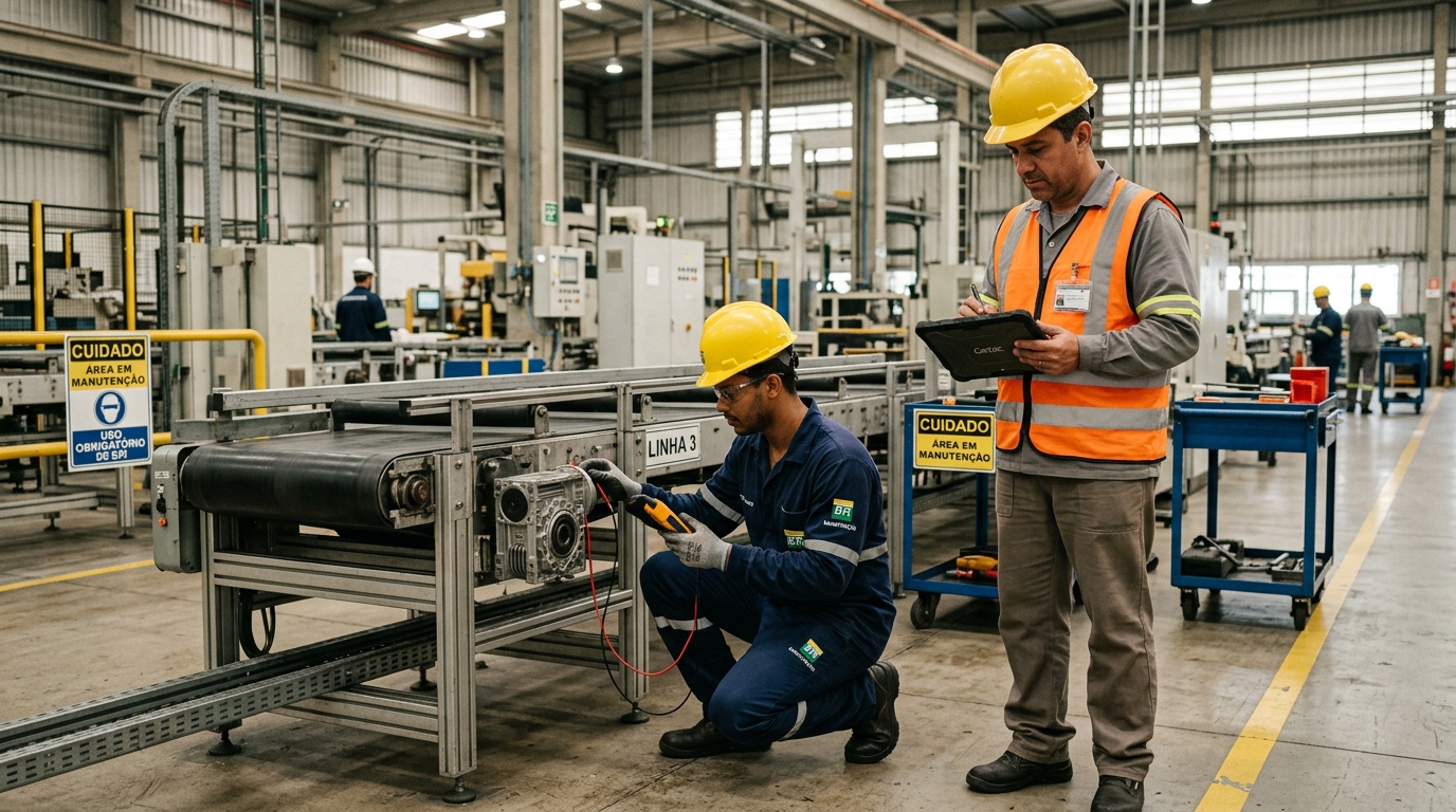 Foto de dois técnicos realizando a inspeção de uma esteira transportadora industrial. O trabalhador da esquerda está agachado, veste macacão azul-escuro, capacete amarelo, óculos e luvas de proteção; ele utiliza um equipamento de medição portátil com fios conectados ao motor da esteira, que possui uma placa identificadora escrita "LINHA 3". O trabalhador da direita está de pé ao lado dele, usa calça cinza, camisa cinza sob um colete refletivo laranja, capacete amarelo e opera um tablet robusto cinza. Ao fundo, o ambiente industrial é amplo, com marcações amarelas de segurança no chão, placas de aviso ("CUIDADO ÁREA EM MANUTENÇÃO") e estruturas metálicas.