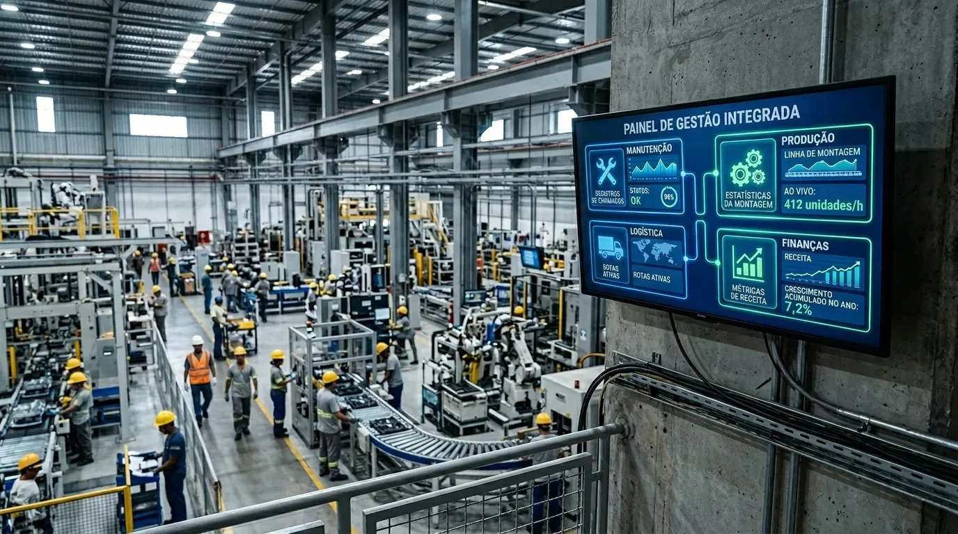 Visão panorâmica e elevada de uma movimentada linha de montagem de uma fábrica, com foco principal em uma tela de TV moderna fixada em um pilar de concreto em primeiro plano. A tela exibe um sistema digital preto intitulado "PAINEL DE GESTÃO INTEGRADA", dividido em quatro blocos interconectados por linhas luminosas: "MANUTENÇÃO" (mostrando ícone de ferramentas e status OK), "PRODUÇÃO" (com ícone de engrenagens e a métrica ao vivo de 412 unidades/h), "LOGÍSTICA" (com mapa e rotas ativas) e "FINANÇAS" (com gráfico de linha indicando crescimento acumulado de 7,2%). Ao fundo, no amplo galpão de estrutura metálica cinza, diversos operários vestindo capacetes amarelos e coletes operam ao longo de esteiras transportadoras com peças e braços robóticos industriais. (plataforma integrada de gestão industrial)