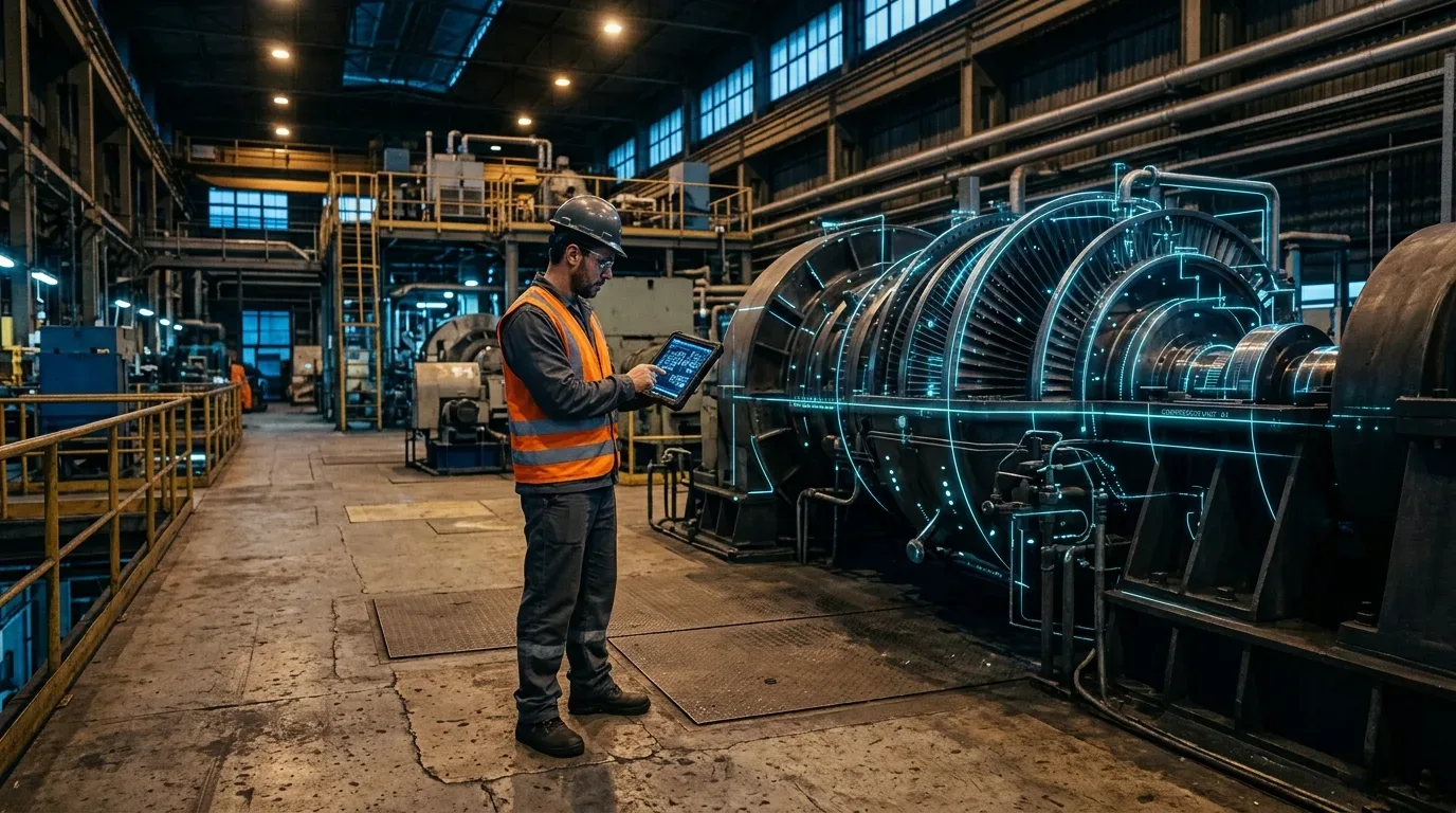 Foto em plano aberto com atmosfera tecnológica que representa a manutenção preditiva e a Indústria 4.0. No centro de um grande galpão industrial escuro, um técnico vestindo calça cinza, colete refletivo laranja e capacete escuro opera um tablet digital robusto. Ele está posicionado ao lado de uma enorme turbina cilíndrica de aço. Sobre a turbina, há um efeito visual de linhas digitais e grades brilhantes na cor ciano, simulando um escaneamento de telemetria em tempo real ou uma sobreposição de realidade aumentada para detectar falhas internas. O chão de fábrica é de concreto desgastado e a iluminação superior foca no maquinário. (manutenção preventiva vs preditiva)