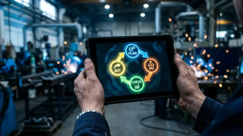 Imagem em primeira pessoa com foco nas mãos de um trabalhador industrial segurando um tablet com uma capa preta de alta resistência. A tela do tablet exibe um diagrama circular e luminoso do ciclo PDCA em inglês, com letras brilhantes e ícones coloridos interligados por setas: no topo, "PLAN" em azul com ícone de engrenagens; à direita, "DO" em laranja com um fluxograma; na base, "CHECK" em verde com um gráfico de barras; e à esquerda, "ACT" em amarelo com uma seta curva. O plano de fundo da fábrica está totalmente desfocado, mostrando um ambiente de metalurgia com forte iluminação azulada e faíscas alaranjadas de solda saltando ao fundo. (ciclo PDCA na indústria)