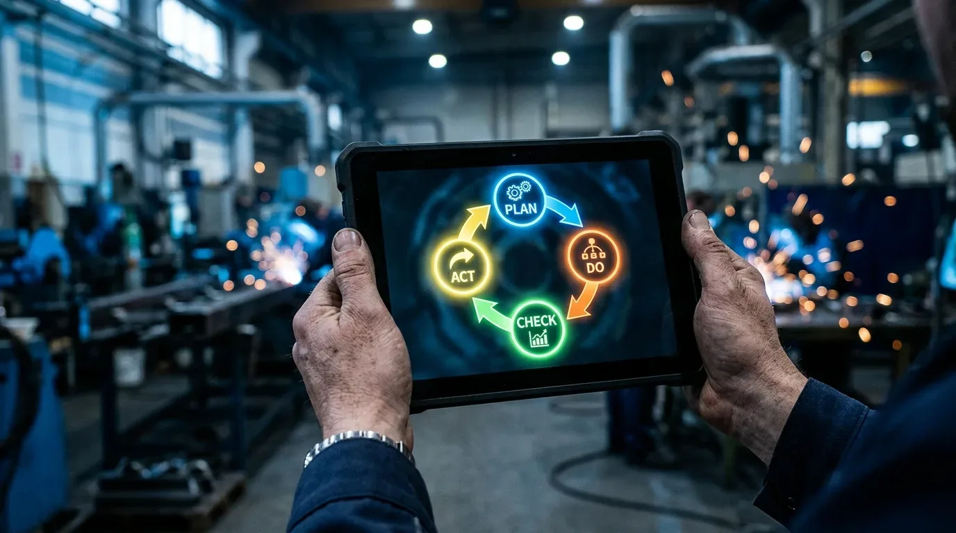 Imagem em primeira pessoa com foco nas mãos de um trabalhador industrial segurando um tablet com uma capa preta de alta resistência. A tela do tablet exibe um diagrama circular e luminoso do ciclo PDCA em inglês, com letras brilhantes e ícones coloridos interligados por setas: no topo, "PLAN" em azul com ícone de engrenagens; à direita, "DO" em laranja com um fluxograma; na base, "CHECK" em verde com um gráfico de barras; e à esquerda, "ACT" em amarelo com uma seta curva. O plano de fundo da fábrica está totalmente desfocado, mostrando um ambiente de metalurgia com forte iluminação azulada e faíscas alaranjadas de solda saltando ao fundo. (ciclo PDCA na indústria)