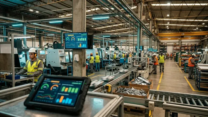 Visão ampla em perspectiva de um moderno e movimentado galpão fabril focado na digitalização. Em primeiríssimo plano, um tablet robusto fixado em um suporte exibe gráficos de barras e medidores circulares coloridos de desempenho (marcando 82% e 94%). Logo atrás, fixada em uma coluna de concreto, uma TV monitor exibe o mesmo painel digital de monitoramento. No corredor da fábrica, operários vestindo coletes refletivos amarelos e capacetes caminham ou operam computadores integrados às grandes máquinas CNC cinzas alinhadas. Uma esteira rolante central transporta peças metálicas brilhantes ao longo da linha de produção automatizada sob a iluminação de um amplo telhado industrial. (eficiência operacional na indústria)