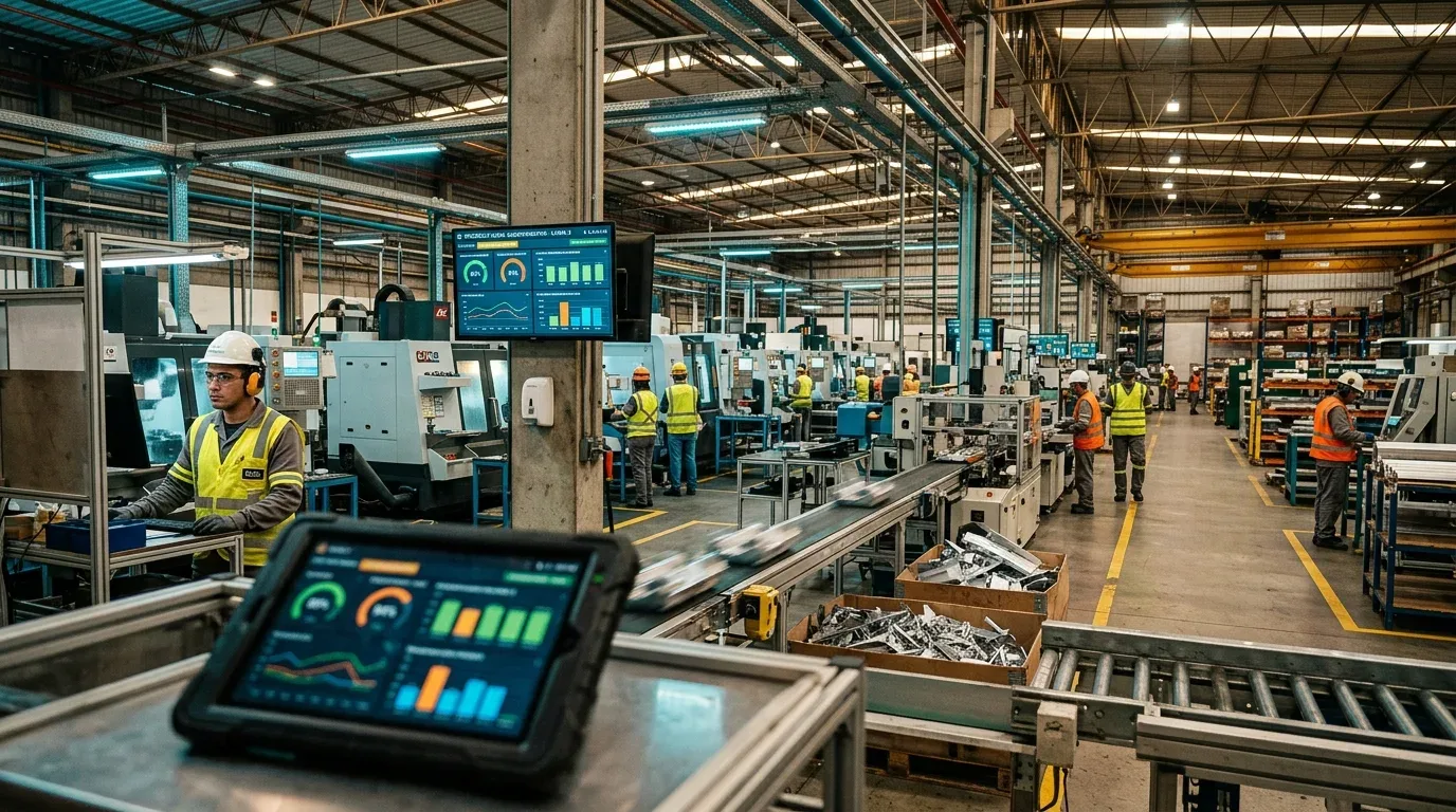 Visão ampla em perspectiva de um moderno e movimentado galpão fabril focado na digitalização. Em primeiríssimo plano, um tablet robusto fixado em um suporte exibe gráficos de barras e medidores circulares coloridos de desempenho (marcando 82% e 94%). Logo atrás, fixada em uma coluna de concreto, uma TV monitor exibe o mesmo painel digital de monitoramento. No corredor da fábrica, operários vestindo coletes refletivos amarelos e capacetes caminham ou operam computadores integrados às grandes máquinas CNC cinzas alinhadas. Uma esteira rolante central transporta peças metálicas brilhantes ao longo da linha de produção automatizada sob a iluminação de um amplo telhado industrial. (eficiência operacional na indústria)