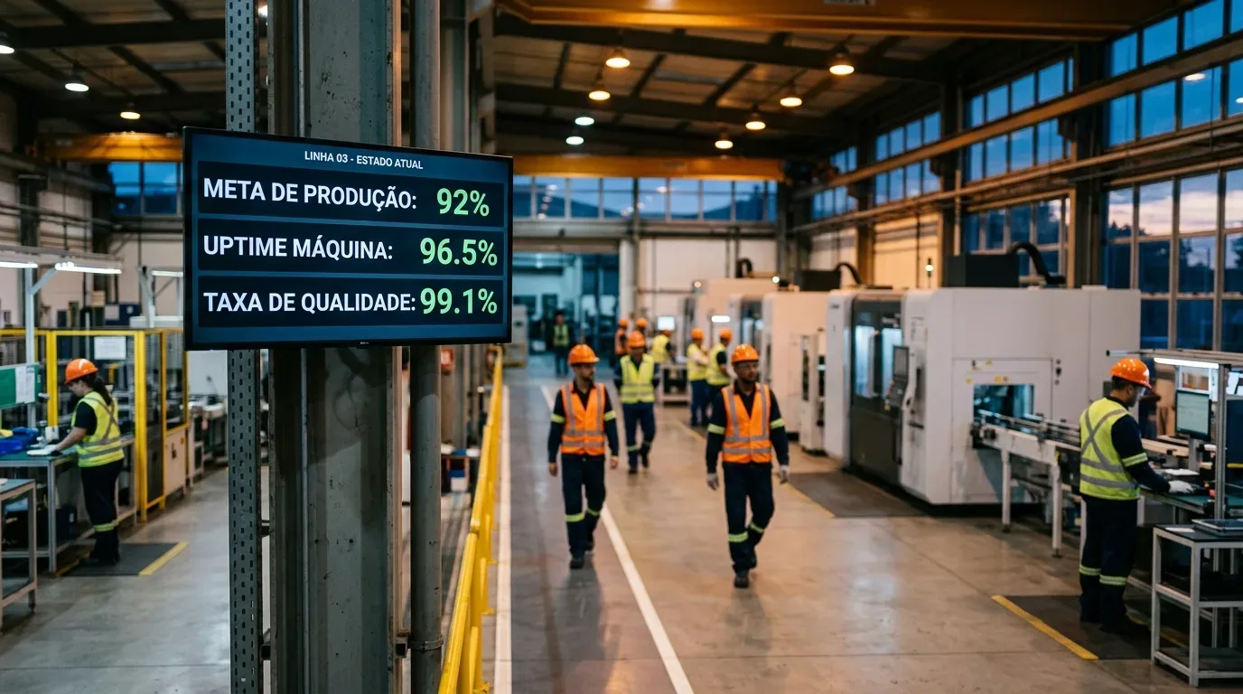 Foto do interior de um galpão industrial com foco principal em uma tela digital de gerenciamento fixada em um pilar metálico em primeiro plano. A tela exibe em letras verdes brilhantes o título "LINHA 03 - ESTADO ATUAL" seguido pelas métricas: "META DE PRODUÇÃO: 92%", "UPTIME MÁQUINA: 96.5%" e "TAXA DE QUALIDADE: 99.1%". Ao fundo, no corredor central iluminado da fábrica, operários vestindo coletes refletivos laranjas e capacetes caminham entre grandes máquinas de usinagem brancas alinhadas à direita e postos de trabalho à esquerda, sob a luz do fim de tarde que entra pelas janelas superiores. (gestão à vista na indústria)