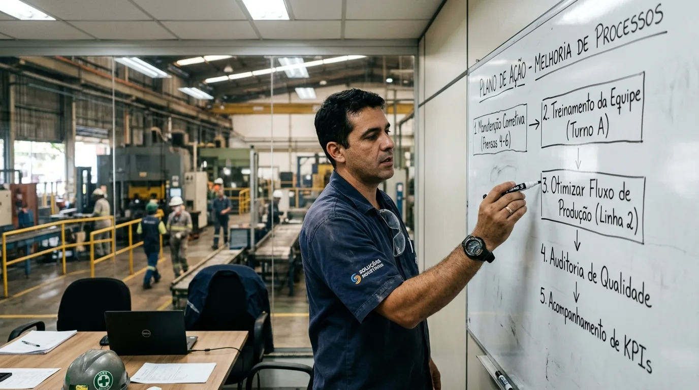 Um homem de cabelos escuros e camisa de uniforme azul com o logotipo "Soluções Industriais" está em pé em um escritório, usando uma caneta hidrográfica preta para escrever em um quadro branco. O quadro apresenta o título "PLANO DE AÇÃO - MELHORIA DE PROCESSOS" e exibe um fluxograma desenhado à mão com as seguintes etapas numeradas: 1. Manutenção Corretiva (Prensas 4-6); 2. Treinamento da Equipe (Turno A); 3. Otimizar Fluxo de Produção (Linha 2); 4. Auditoria de Qualidade; e 5. Acompanhamento de KPIs. Uma grande parede de vidro atrás dele separa o escritório do chão de fábrica, onde se vê maquinários pesados e operários trabalhando. Na mesa do escritório em primeiro plano, há um notebook aberto, papéis e um capacete de proteção verde.
