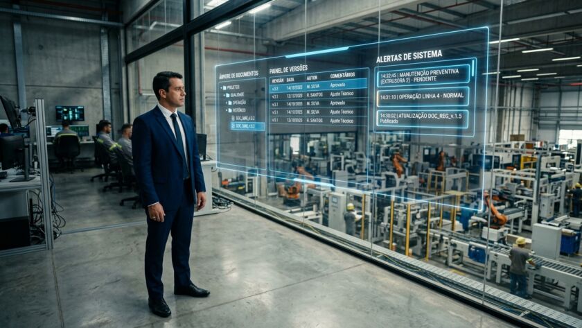 Foto em plano médio de um homem de perfil vestindo um terno azul-escuro, camisa branca e gravata escura. Ele está em uma sala de controle moderna e observa, através de um painel de vidro, o pátio de uma fábrica. Projetada no vidro está uma tela holográfica azul brilhante com dados de gerenciamento divididos em três colunas: ÁRVORE DE DOCUMENTOS: Uma estrutura de pastas contendo arquivos de projetos, qualidade, operação e histórico. PAINEL DE VERSÕES: Uma tabela com colunas de versão, data, autor e comentários (como "Aprovado" e "Ajuste Técnico"). ALERTAS DE SISTEMA: Uma lista de notificações com horários, destacando um aviso de "MANUTENÇÃO PREVENTIVA (EXTRUSORA 2) - PENDENTE". Segundo plano: Ao fundo, do lado esquerdo, outros operadores trabalham sentados em computadores. Do lado direito, através do vidro, vê-se o chão de fábrica amplo com esteiras rolantes, braços robóticos laranjas e operários de capacete amarelo.