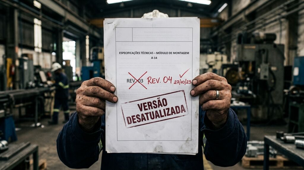 Foto em primeiro plano focada nas mãos de um trabalhador industrial, visivelmente sujas de graxa e poeira, segurando uma folha de papel branca que cobre o seu rosto. O homem veste um uniforme de trabalho azul-escuro e usa uma aliança prateada no dedo anelar esquerdo. O documento segurado é intitulado "ESPECIFICAÇÕES TÉCNICAS – MÓDULO DE MONTAGEM A-14". No centro da folha, a inscrição "REV 03" está riscada com um "X" vermelho, e ao lado está escrito à mão "REV. 04 27/10/23" com um símbolo de visto. Na parte inferior do papel, há um grande carimbo retangular vermelho com as palavras em letras maiúsculas: "VERSÃO DESATUALIZADA". O fundo da imagem mostra o ambiente desfocado de um galpão industrial com máquinas, ferramentas e outro operário distante.
