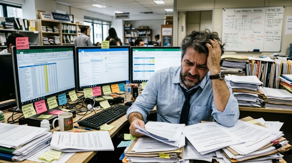Foto de um homem de meia-idade com cabelos grisalhos e desalinhados, vestindo uma camisa social azul-clara e gravata escura frouxa, sentado em sua mesa de escritório. Ele expressa forte frustração e estresse, fechando os olhos e segurando a cabeça com a mão esquerda, enquanto revisa papéis com a mão direita. A mesa está completamente sobrecarregada e bagunçada, coberta por enormes pilhas de folhas de papel, relatórios e contratos grampeados. À sua esquerda, há três monitores de computador acesos exibindo planilhas e dados; as bordas das telas estão cheias de post-its coloridos (rosa, verde e amarelo) com anotações manuscritas de urgência, como "URGENTE: REVISAR CONTRATO". Uma caneca de café está sobre a mesa. Ao fundo, vê-se o ambiente de um escritório movimentado com outros funcionários e arquivos nas estantes.