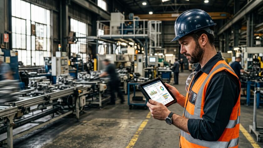 Foto em plano médio de um trabalhador industrial à direita da imagem, visto de perfil. Ele tem barba, usa um capacete de proteção azul-escuro, óculos de proteção pendurados na gola e um colete refletivo laranja sobre uma camisa escura. O homem segura com as duas mãos e olha atentamente para um tablet que exibe gráficos coloridos (de pizza e de barras) e dados de desempenho. O fundo está ligeiramente desfocado, mostrando o interior de uma fábrica movimentada com maquinários, esteiras transportadoras e outros operários.