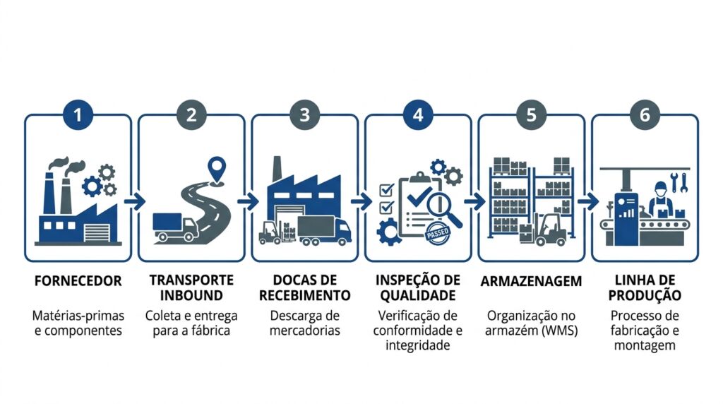 Infográfico horizontal sobre fundo branco que ilustra um processo logístico em 6 etapas numeradas dentro de caixas com bordas azuis, conectadas por setas da esquerda para a direita. Cada etapa possui um título em negrito, um ícone azul e cinza e uma breve descrição: FORNECEDOR: Matérias-primas e componentes (ícone de uma fábrica com chaminés e engrenagens). TRANSPORTE INBOUND: Coleta e entrega para a fábrica (ícone de um caminhão em uma estrada sinuosa com um pin de localização). DOCAS DE RECEBIMENTO: Descarga de mercadorias (ícone de uma fábrica, caminhão de carga e empilhadeira). INSPEÇÃO DE QUALIDADE: Verificação de conformidade e integridade (ícone de uma prancheta com marcações de check, engrenagem, lupa e um carimbo escrito "PASSED"). ARMAZENAGEM: Organização no armazém (WMS) (ícone de estruturas de porta-paletes com caixas e uma empilhadeira). LINHA DE PRODUÇÃO: Processo de fabricação e montagem (ícone de um operador em uma esteira de montagem com ferramentas de engrenagem ao fundo).